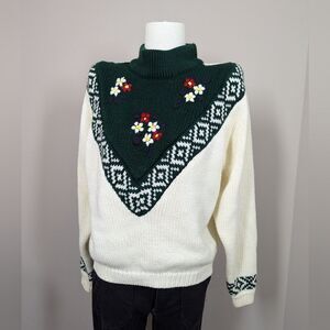 Vintage Acrylic Knit Sweater Green Cream Fair Isle Floral Embroidered Turtleneck